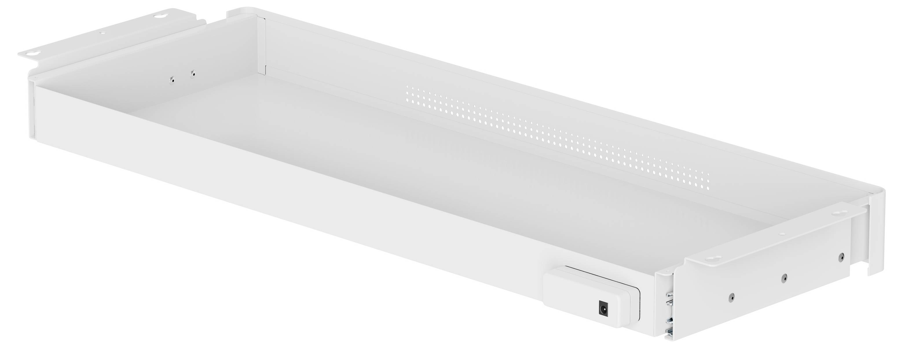 Lege witte metalen ladelade of uitschuifbaar schap weergegeven in perspectief op een witte achtergrond.