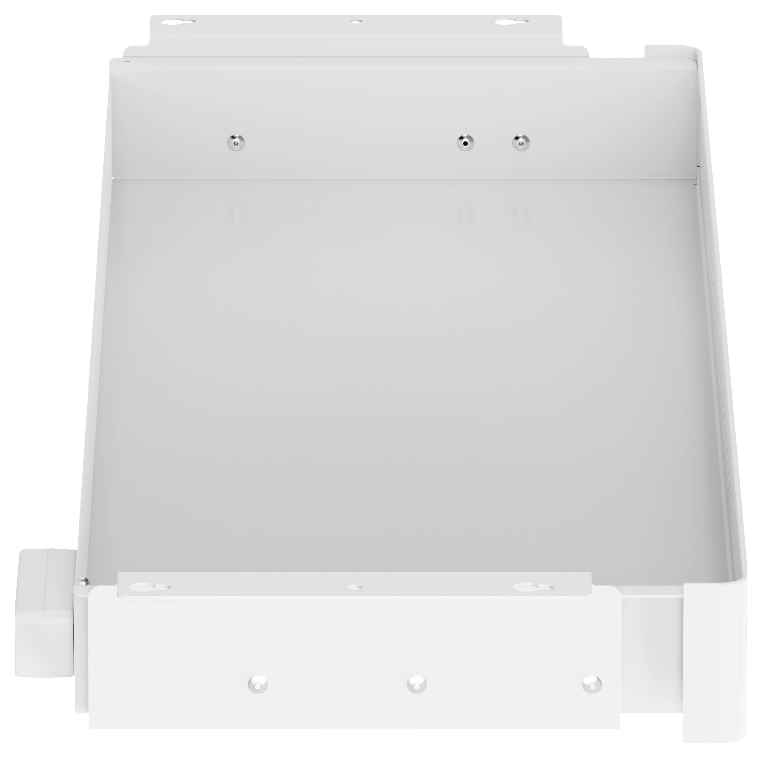 Vooraanzicht van een witte metalen kast of paneel met montagebeugels en zichtbare schroefgaten, weergegeven tegen een eenvoudige achtergrond.