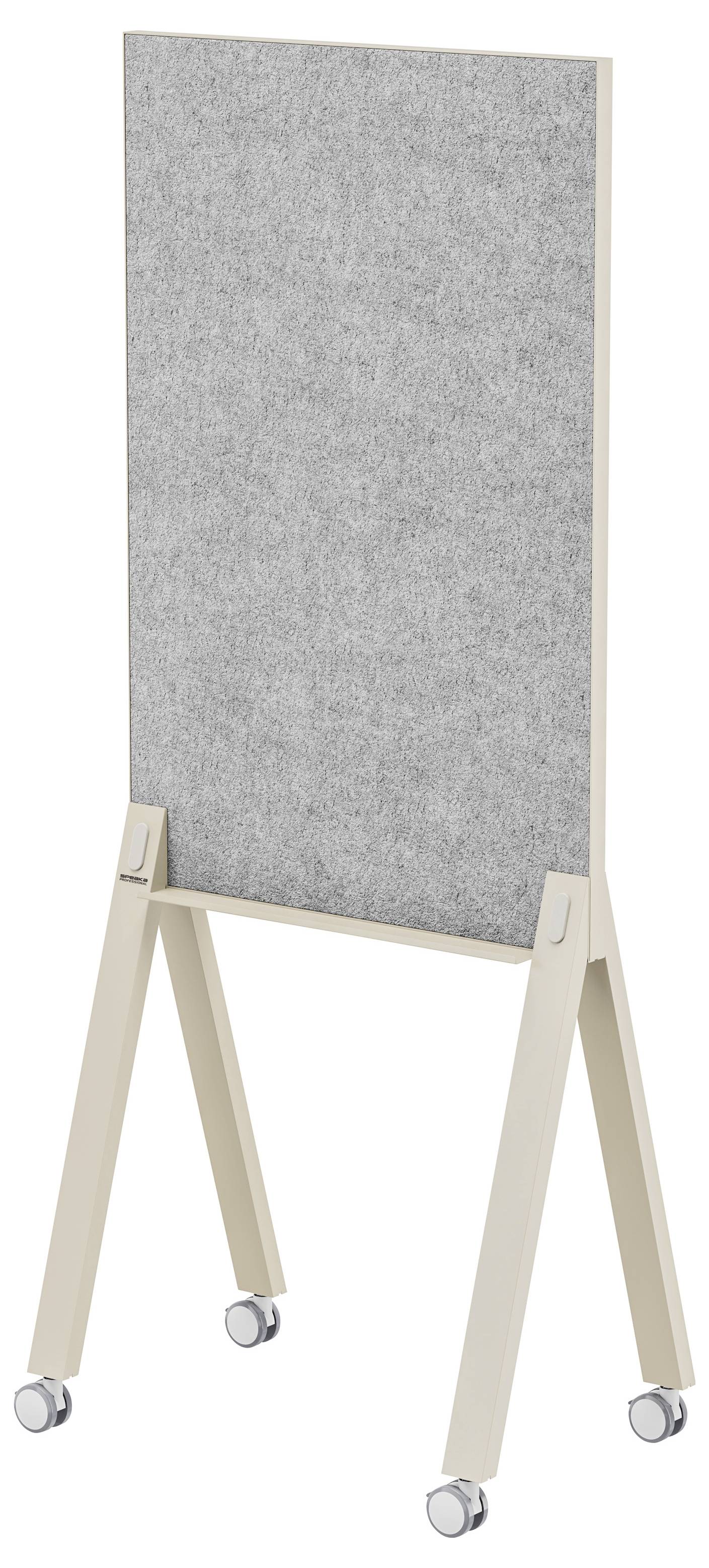 Draagbaar grijs akoestisch scheidingspaneel op een beige wieltjes A-frame standaard, gebruikt als verplaatsbaar kamerscherm of geluidscherm.