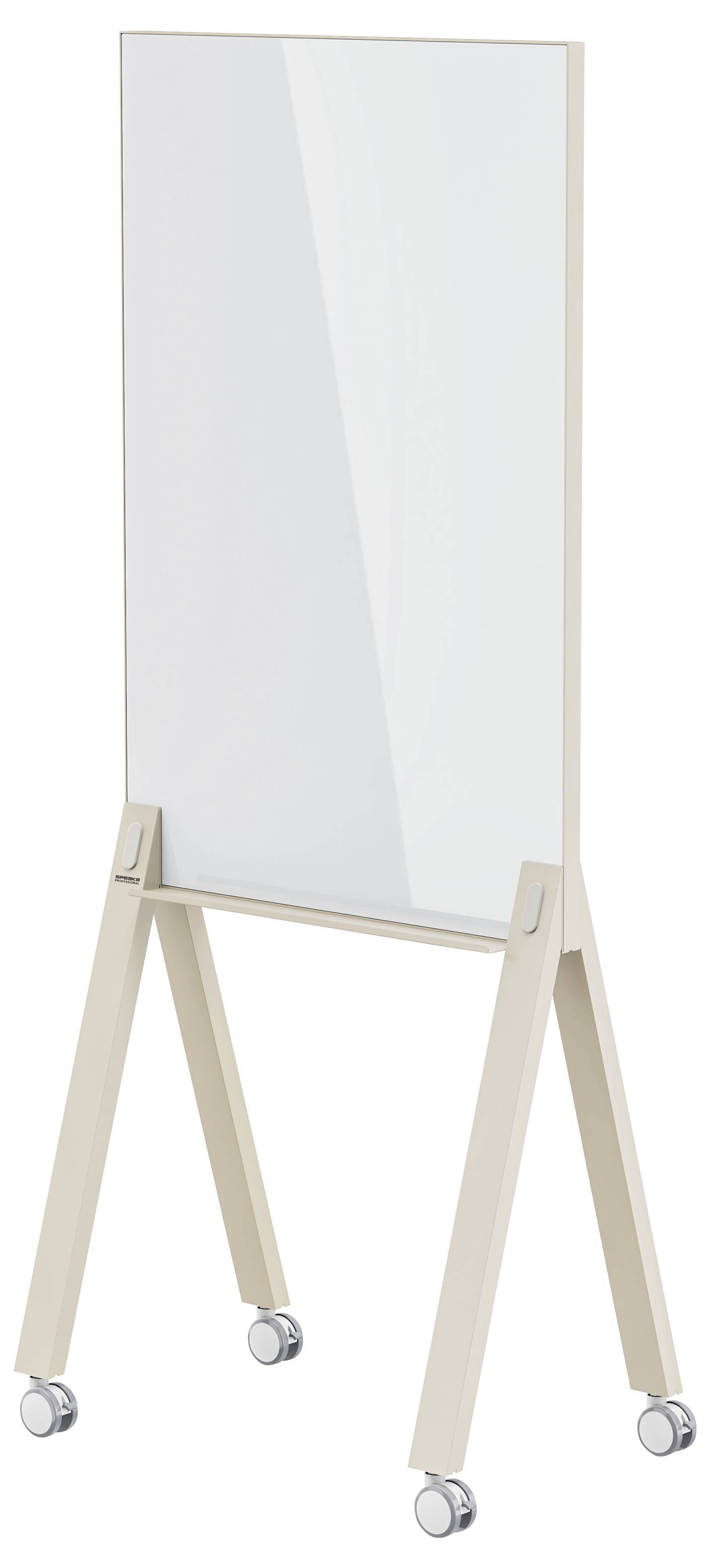 Een vrijstaand whiteboard op een lichte houten ezel met vier zwenkwielen.