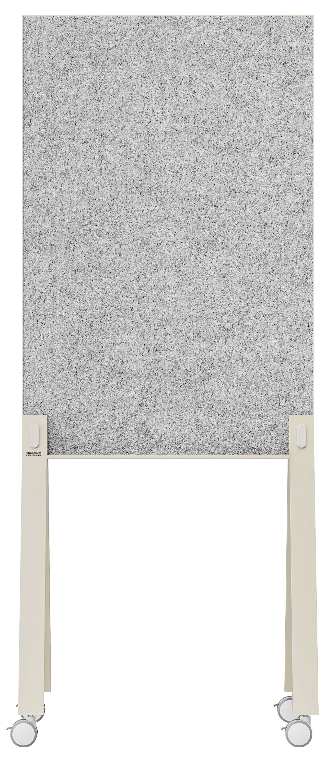 Verticaal grijs vilten akoestisch paneel op een wit frame met twee beige ondersteuningspoten en kleine wieltjes onderaan