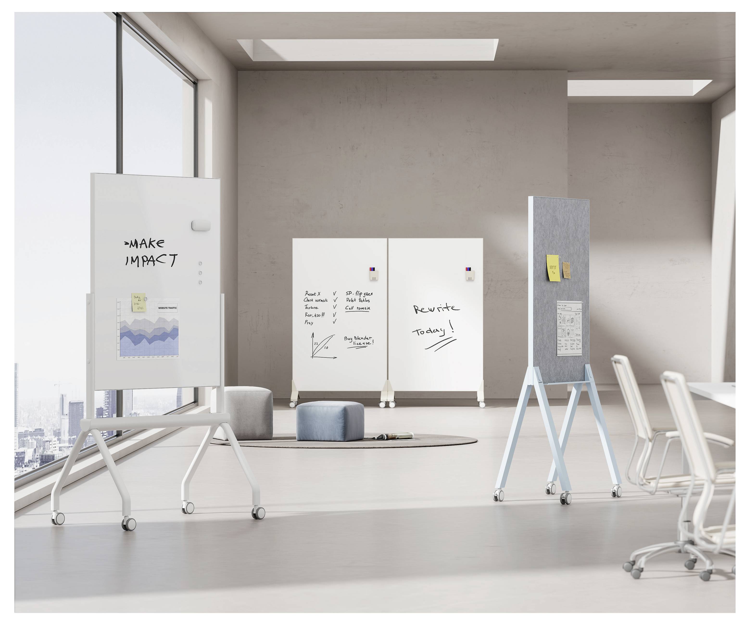 Modern vergaderruimte met meerdere whiteboards en ezel; één bord leest 'MAAK IMPACT' en het middelste bord zegt 'Herschrijf Vandaag!'