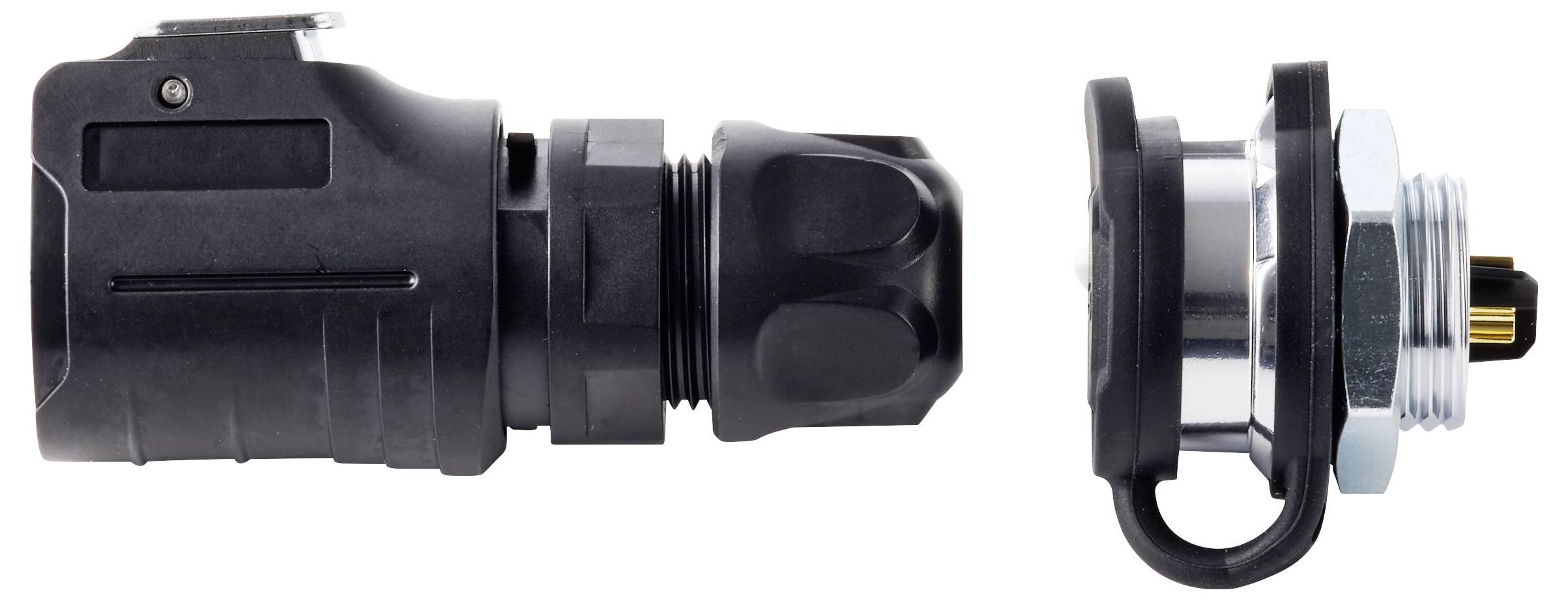 Zwarte elektrische connector met schroefdraaddeksel en paneel-montage fitting weergegeven in zijaanzicht op witte achtergrond.