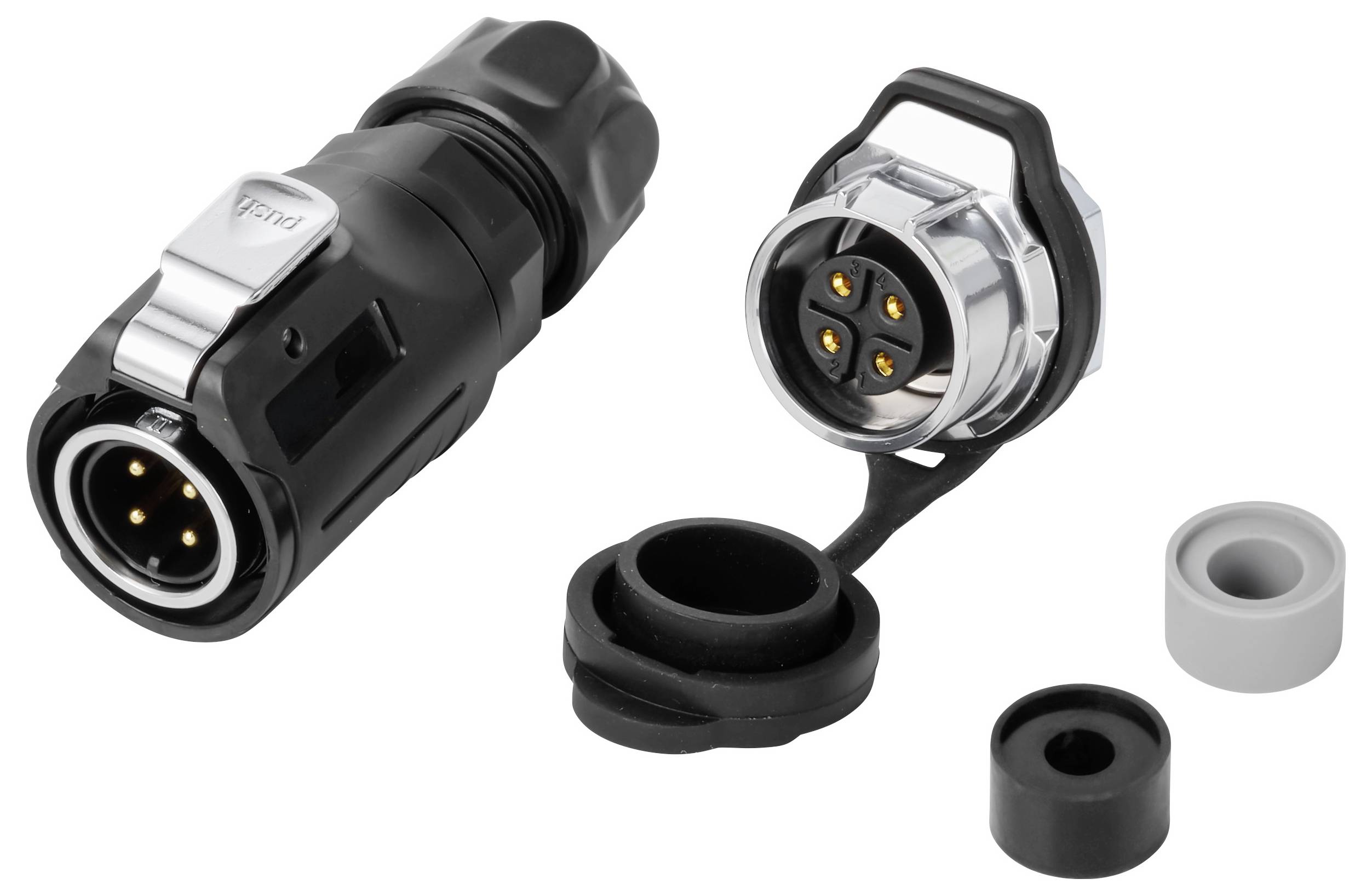Vierpins circulaire waterdichte connector met vergrendelbare dop en twee kabelschakels