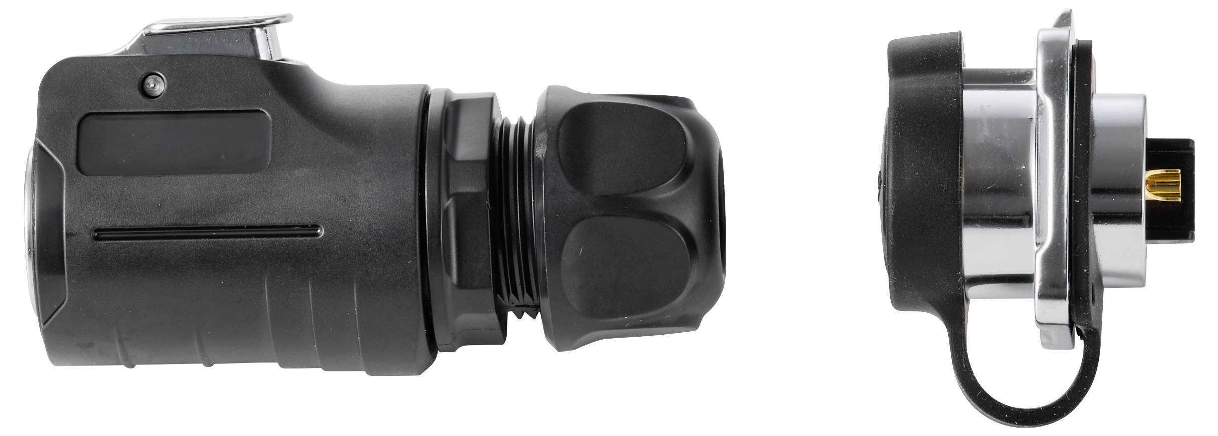 Zwarte cilindrische elektrische connector weergegeven in zij- en vooraanzicht, met een vergrendelbare dop en zichtbare kabelbevestiging, op een witte achtergrond