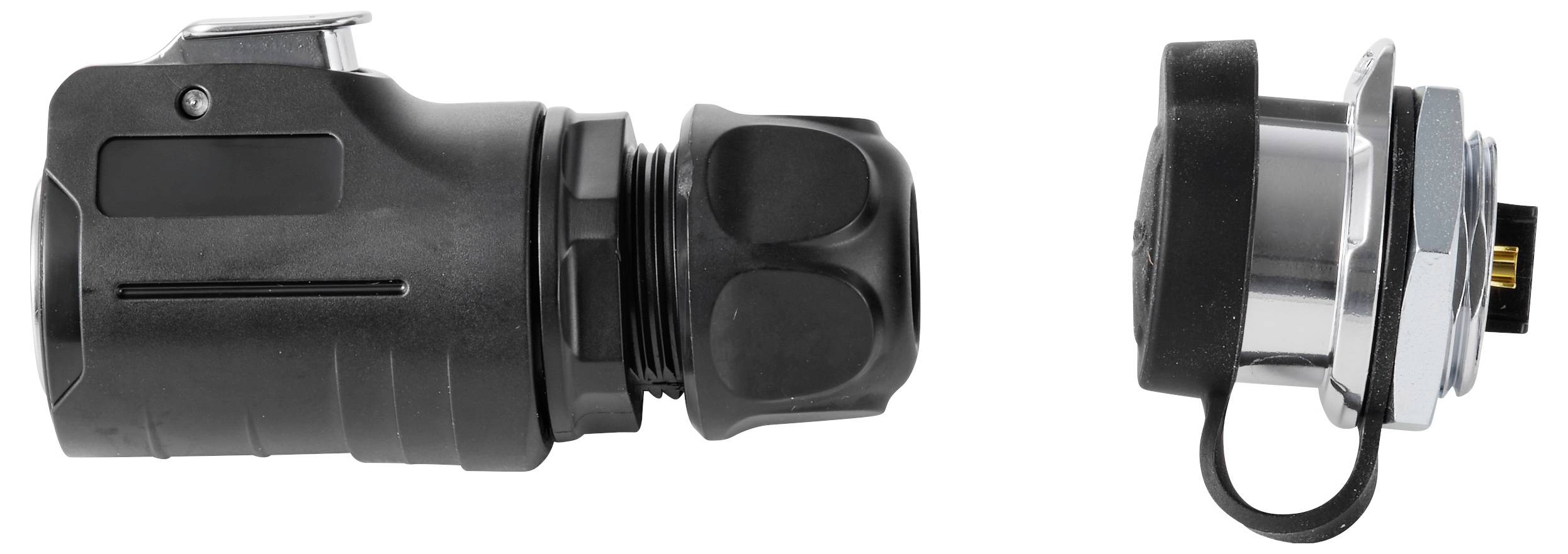 Zwarte cilindrische automotive-laadadapter met beschermkap weergegeven in zij- en eindaanzicht, voorzien van een metalen connector en bevestigde cover.