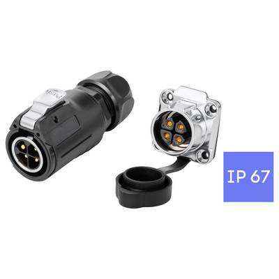 Twee IP67 waterdichte elektrische connectoren, een zwarte kabelplug en een zilverkleurige paneelmontage-socket met beschermkap.