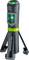 Draagbare laserwaterpas met groene straal, statiefdriepoten, en 'SuperCross-Laser Pocket' label, rechtop op een witte achtergrond weergegeven.