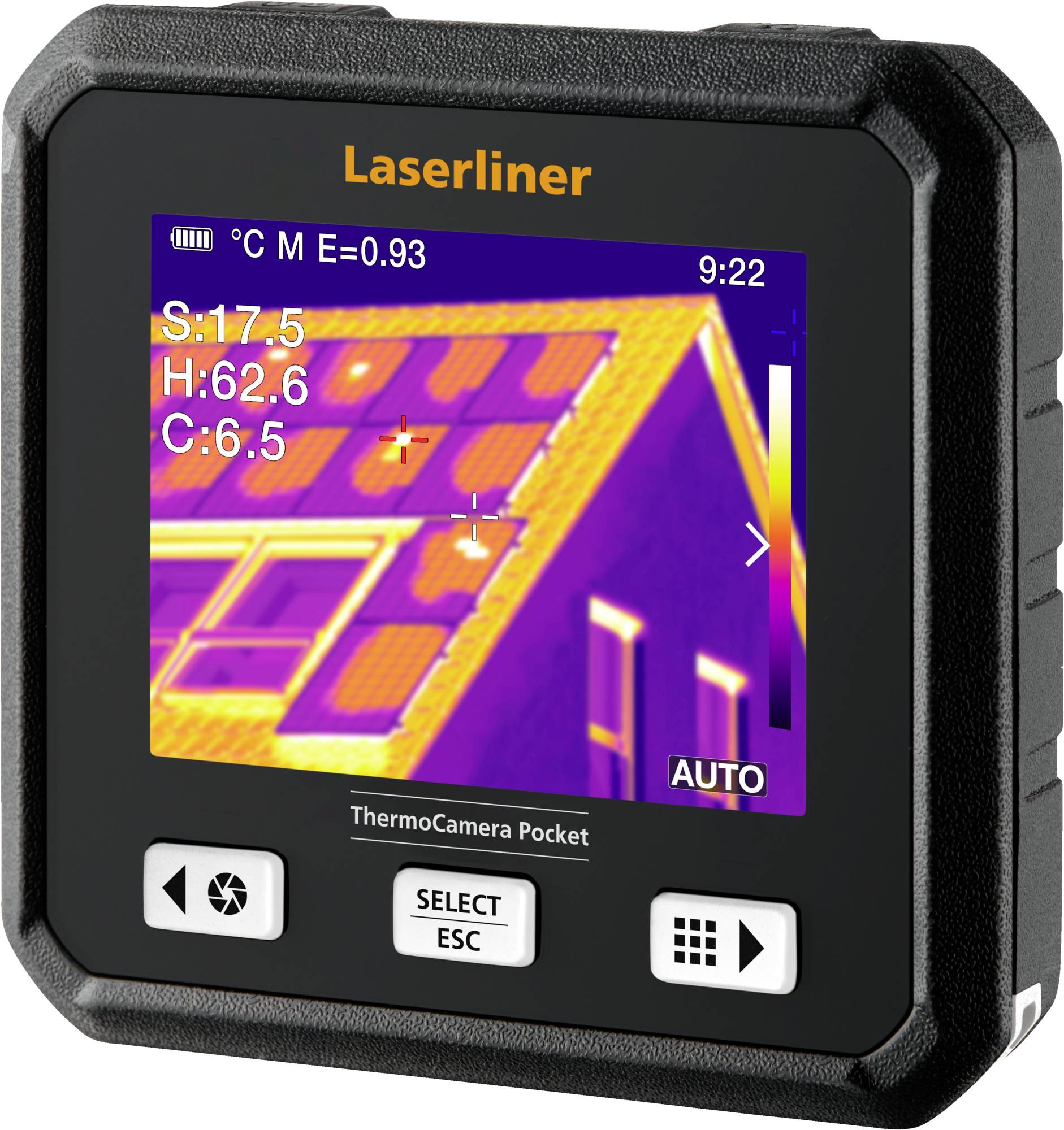 Handheld Laserliner ThermoCamera Pocket met een thermische afbeelding van een dakdeel en muur van een gebouw met temperatuurwaarden en AUTO-modus.