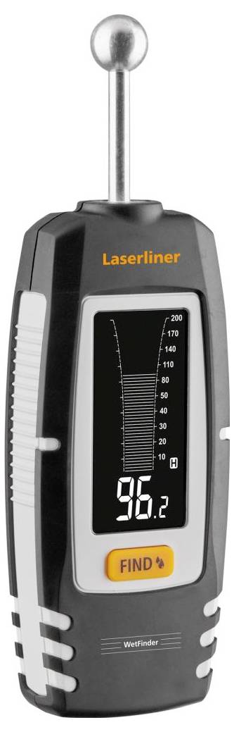 Laserliner WeetFinder draagbare muurstukaanwijzer met digitaal display dat 96.2 toont en een 'FIND'-knop.