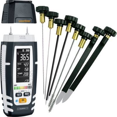 Laserliner vochtmeter met display en zeven bijgeleverde sondeaccessoires voor het meten van vochtigheid in materialen.