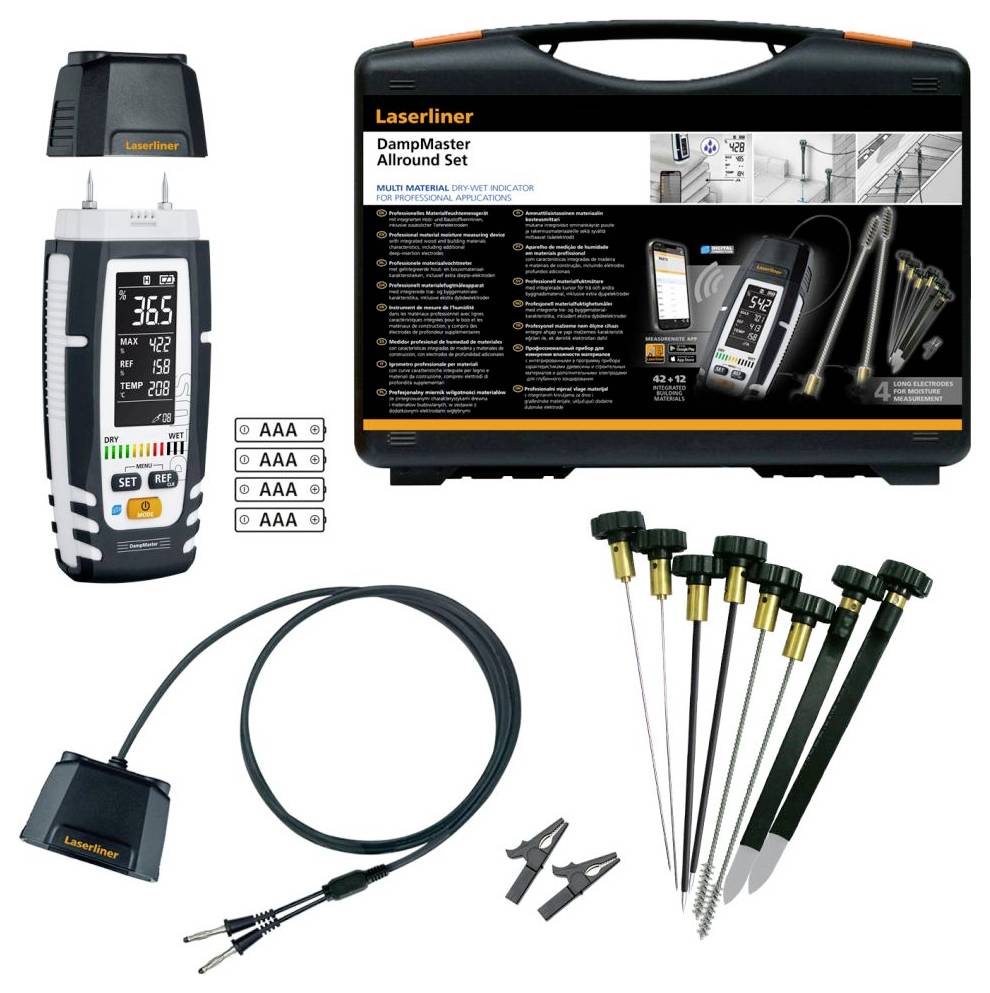 Laserliner DampMaster Allround Set vochtmeter kit met draagtas, meter, batterijen, kabelprobe, aansluiting en testpennen.