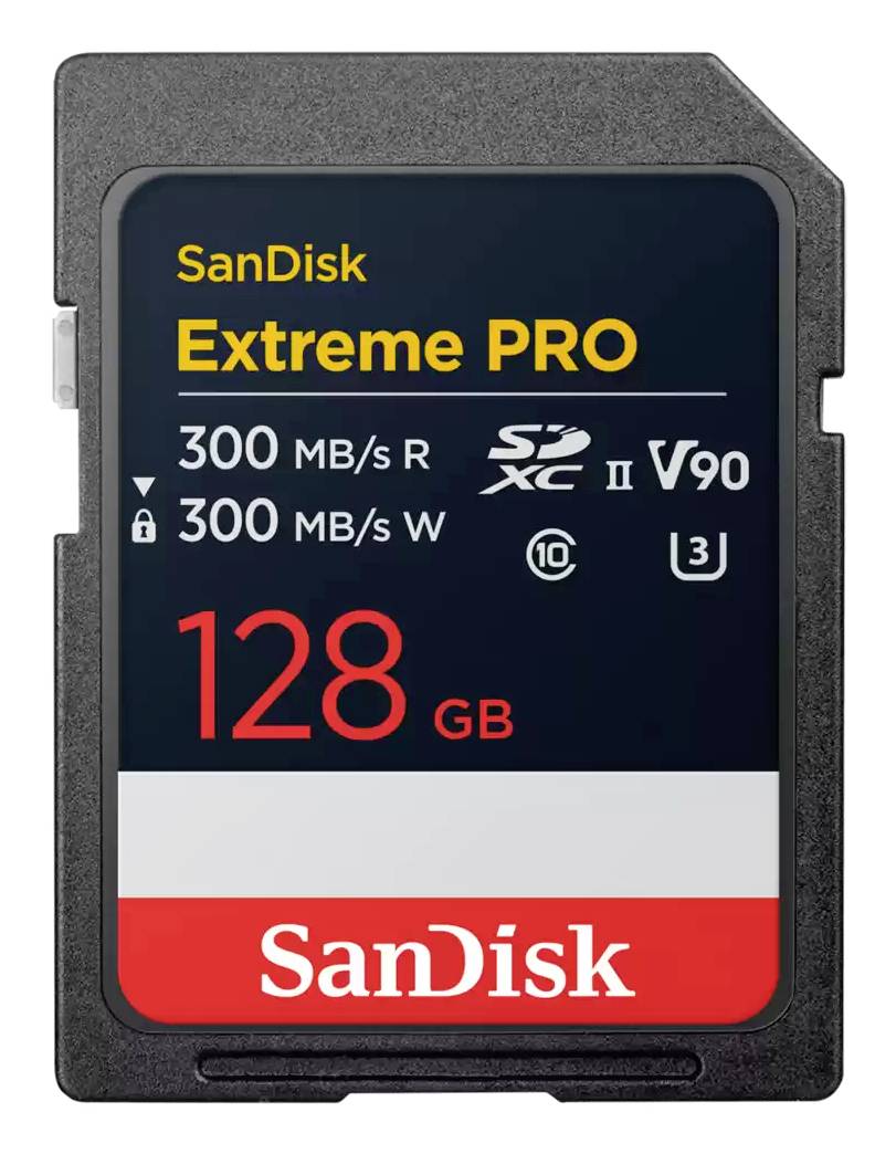 SanDisk Extreme PRO 128 GB SD-geheugenkaart, gewaardeerd op 300 MB/s lezen en schrijven, UHS-II V90.