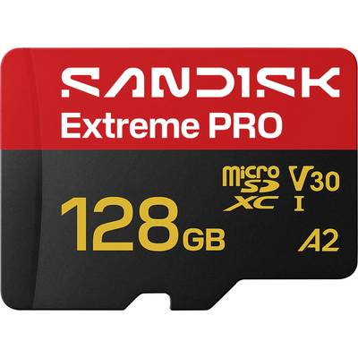 SanDisk Extreme PRO 128GB microSD-kaart, geëtiketteerd V30, U3, A2, op een witte achtergrond.