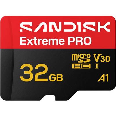 SanDisk Extreme PRO 32GB microSD-kaart, U3, V30, UHS-I, A1 snelheidsklassificaties weergegeven op het label.
