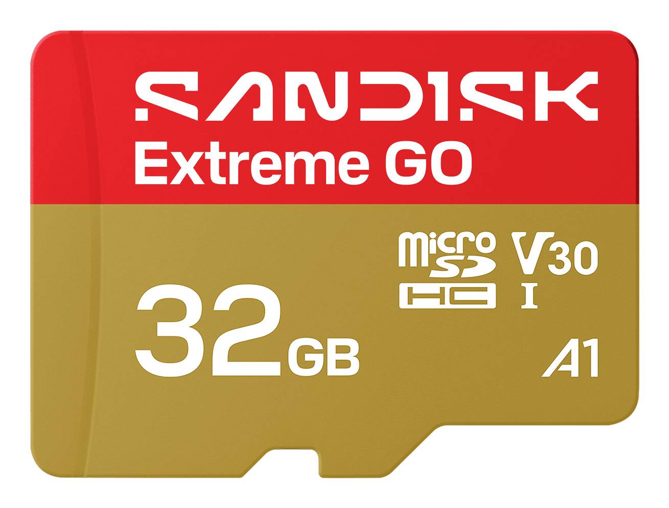 SanDisk Extreme GO 32 GB microSD-kaart met V30, U3 en A1-snelheidsclassificaties.