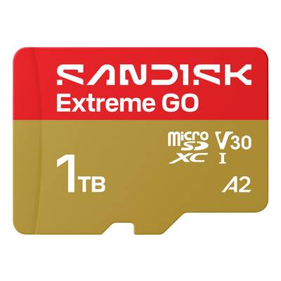 SanDisk Extreme GO 1TB microSD-kaart met V30, A2 snelheidsklasselabels op rood en goud verpakking.