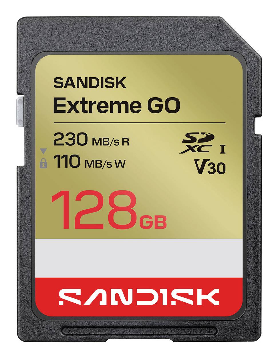 SanDisk Extreme GO 128GB SD-kaart met aanduiding 230 MB/s lezen en 110 MB/s schrijven, SDXC U3 V30.