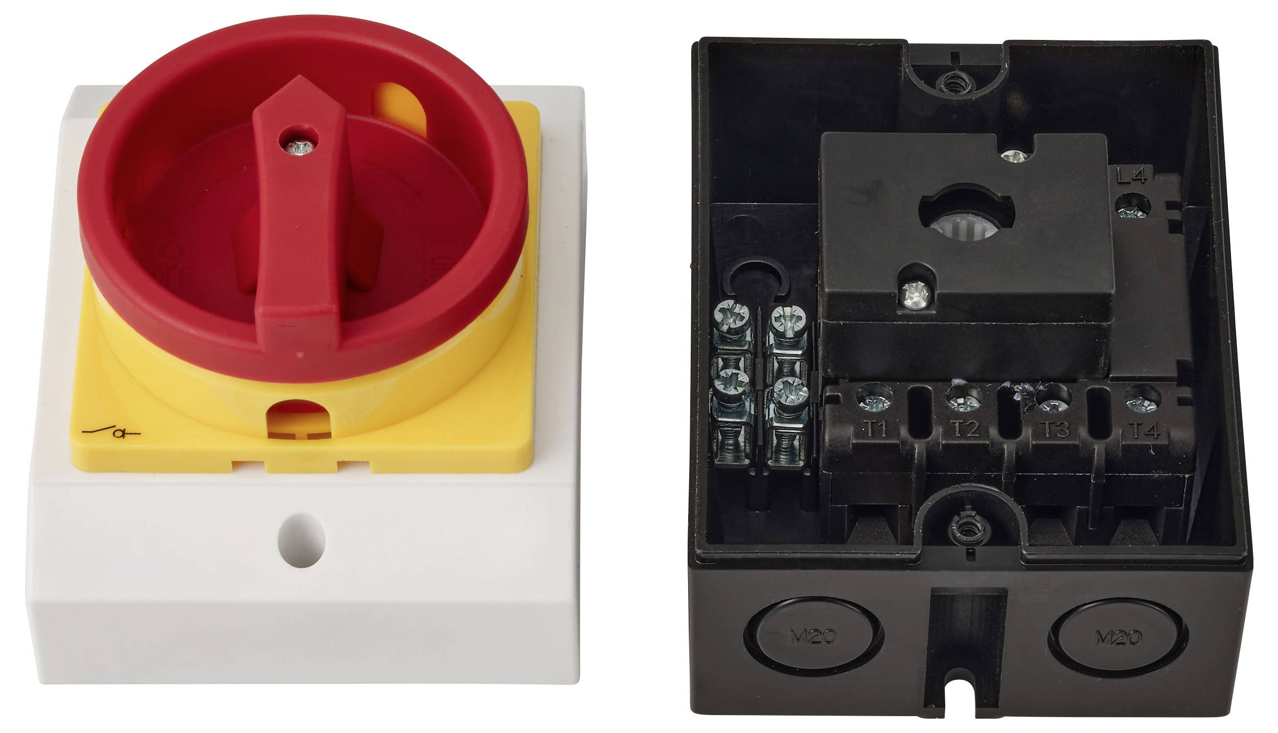 Opengestelde en gesloten weergave van een rotatieve elektrische schakelaarmogelijkheid: rood/geel voorste handvat aan de linkerkant en de zwarte interne aansluitbehuizing aan de rechterkant.
