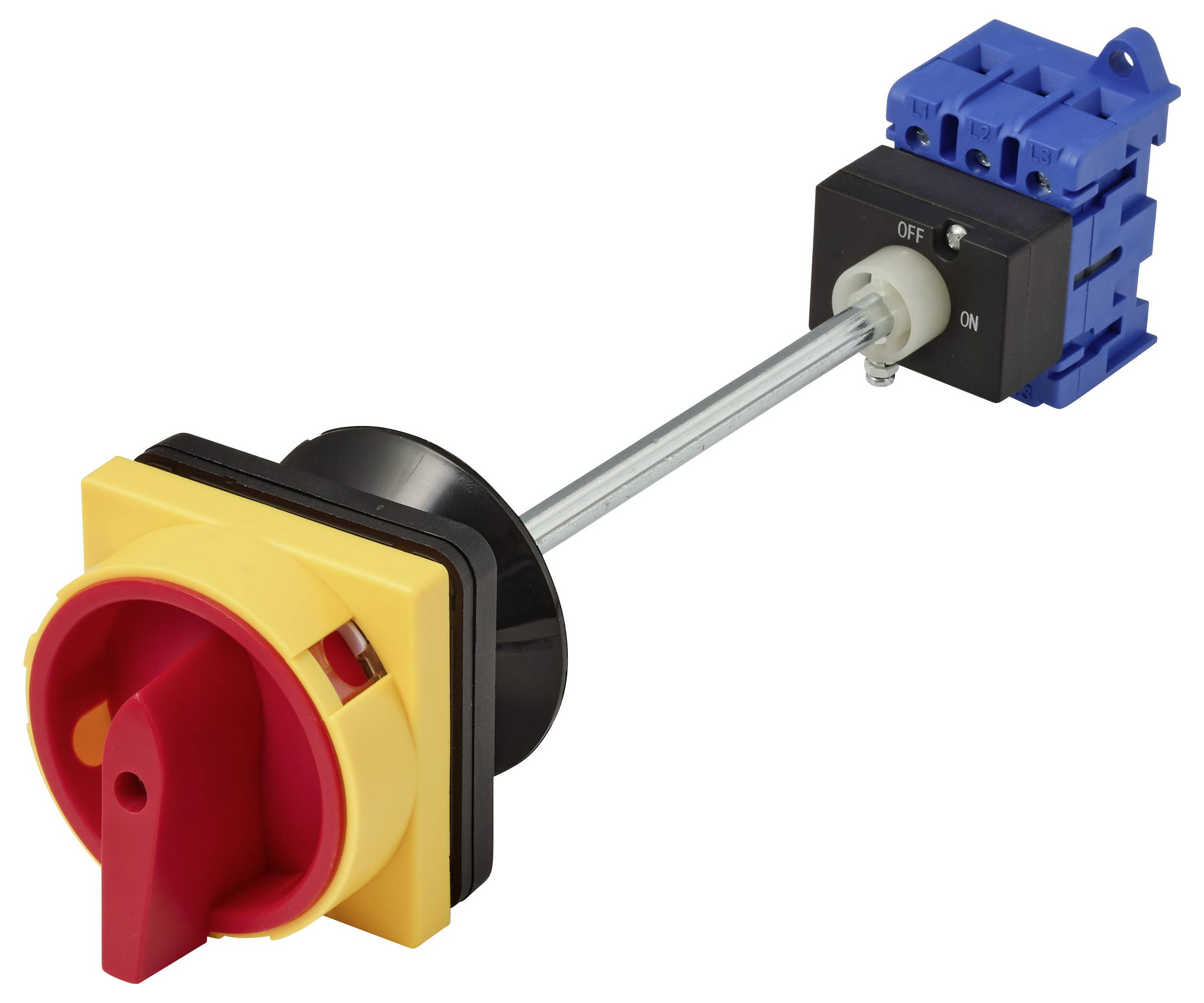 Rotatieve scheiderschakelaar met rood/geel handvat en blauwe elektrische schakelaareenheid, weergegeven in de UIT-positie.