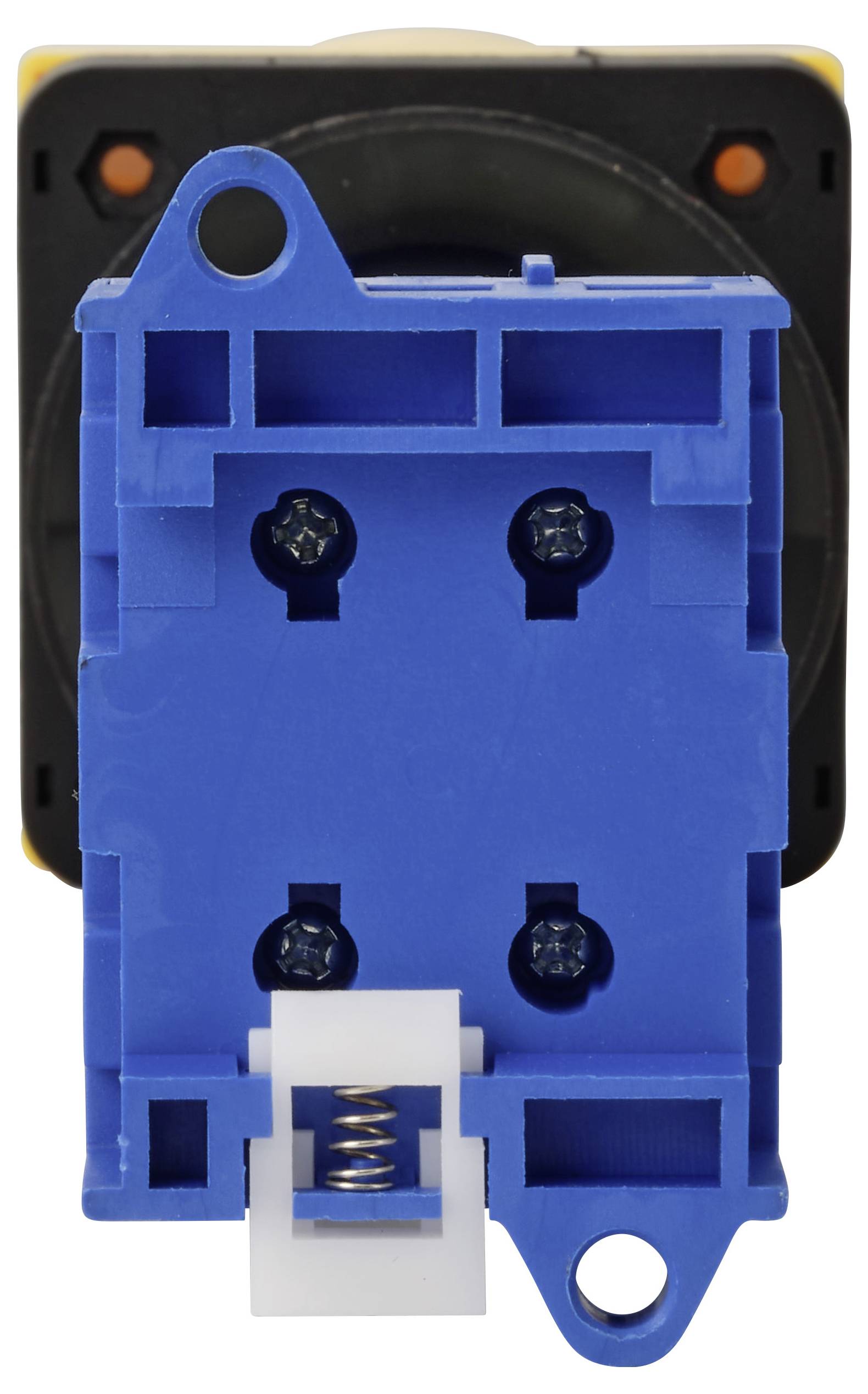 Close-up van een blauw elektrisch schakelaar- of relaiscomponent gemonteerd op een zwart grondvlak, met zichtbare schroeven en aansluitopeningen.