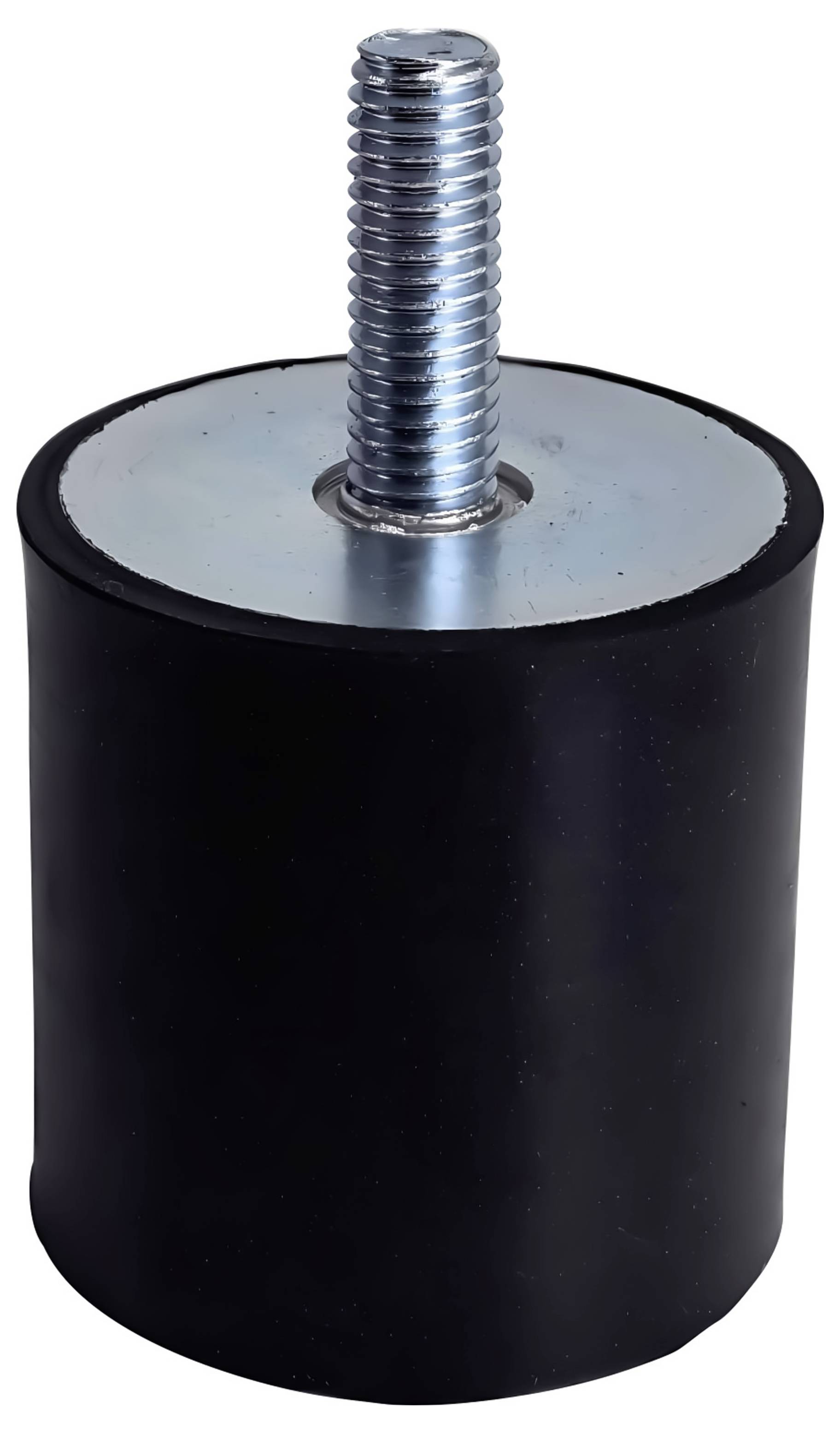 Zwarte cilindrische rubber voet met een metalen topplaat en een verticale schroefdraad bout die uit het midden uitsteekt op een witte achtergrond.