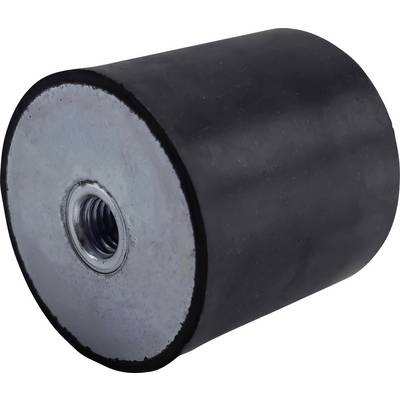 Zwarte cilindrische rubber trillingsdemper met een schroefdraad metalen inzet in het midden op een witte achtergrond.