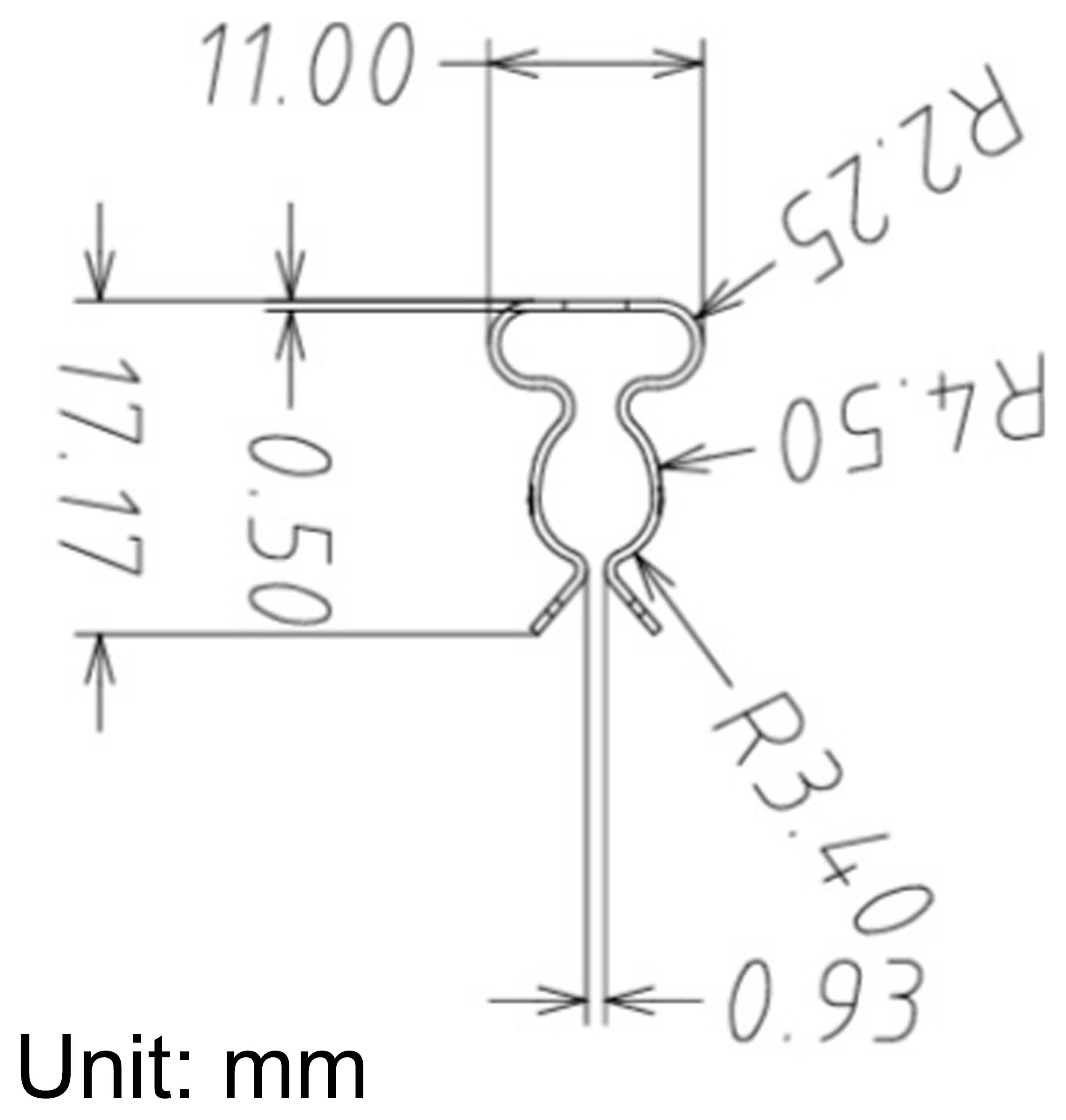 Technische dwarsdoorsnedetekening van een metalen clipprofiel, gelabeld in millimeters met afmetingen 11.00, 17.17, 0.50, 0.93, R2.25, R4.50, en R3.40.