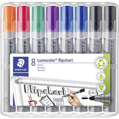 Pakket van 8 Staedtler Lumocolor flipchart-markers in verschillende kleuren, met transparante opbergdoos en productlabel met aangegeven flipchart-gebruik.