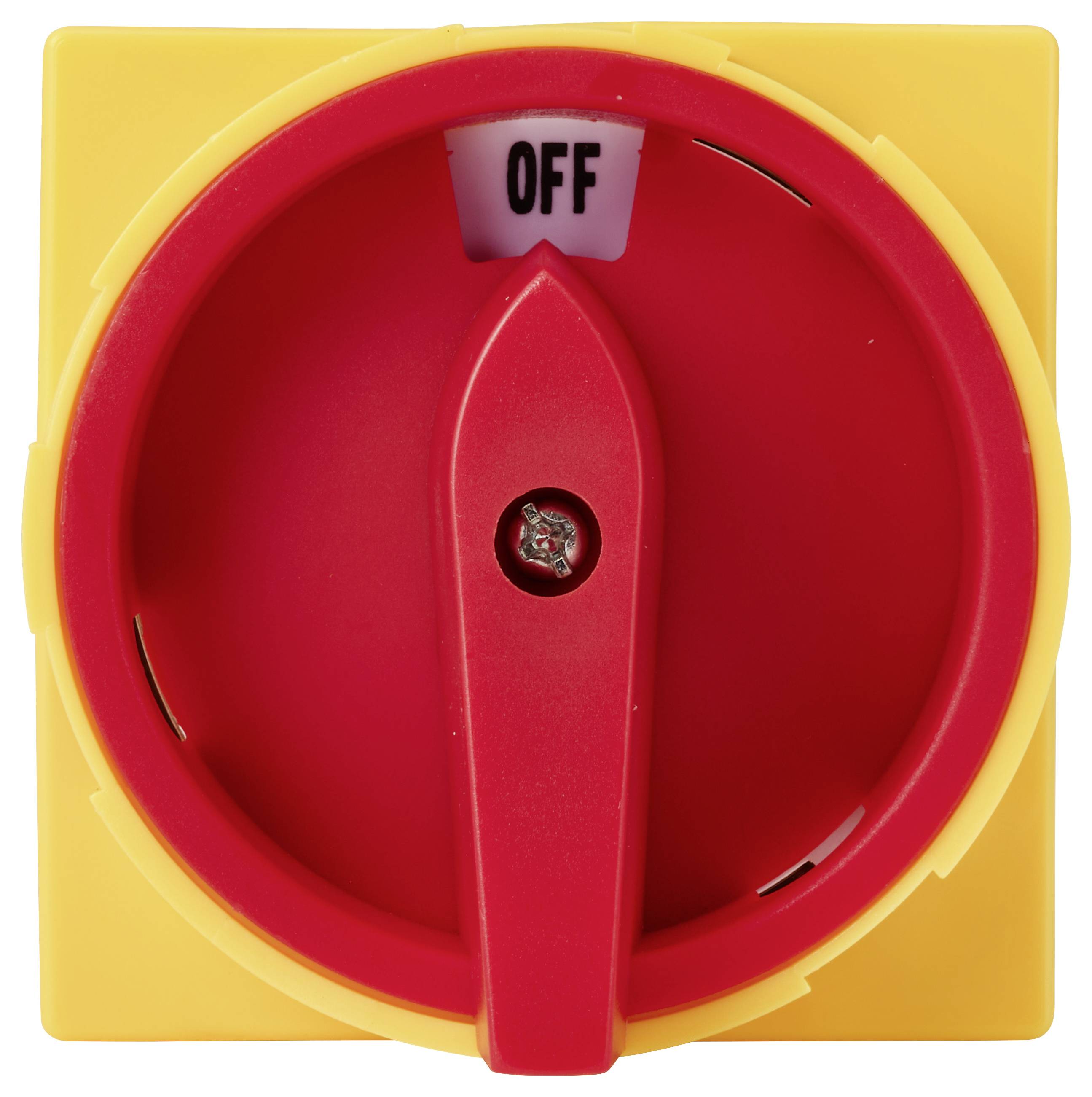 Rood draaiknopje op een gele basis, ingesteld op 'UIT'.