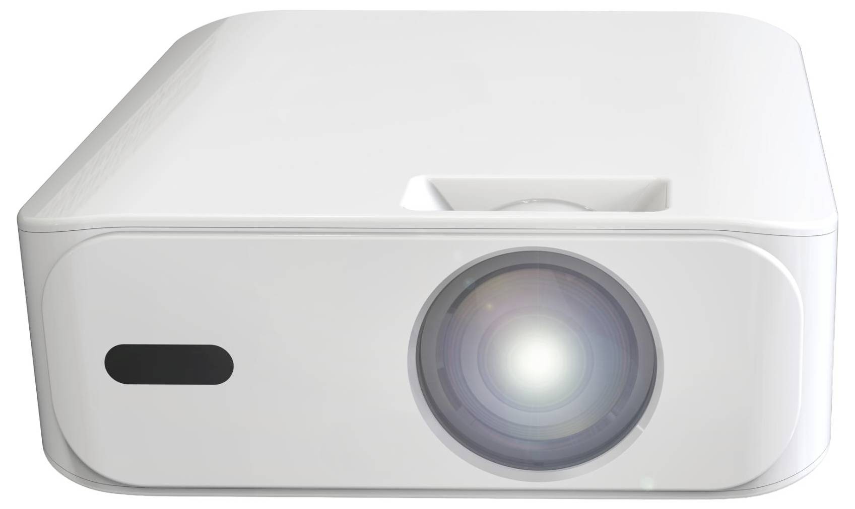 Witte projector van voren weergegeven, met een groot objectief aan de rechterkant en een kleine sensor of ventilatieopening aan de linkerkant.