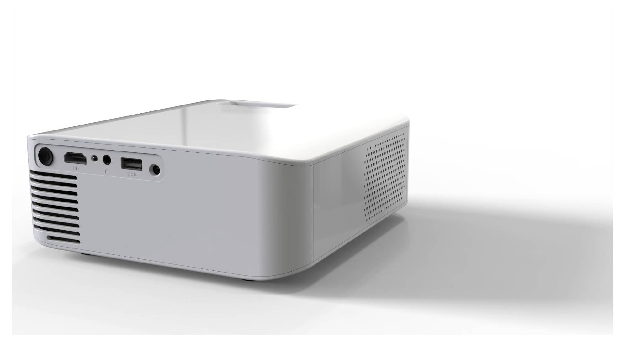 Witte compacte projector getoond vanuit het achter-linkse perspectief, met zichtbare invoerpoorten en ventilatieroostersen op een eenvoudige achtergrond.