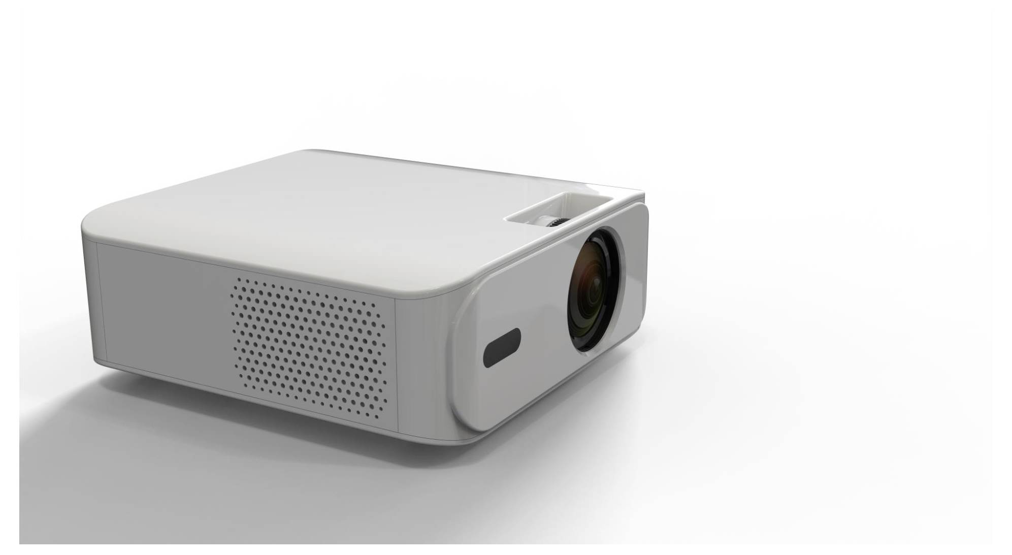 Compacte witte multimediaprojector onder een hoek naar links op een effen achtergrond, met zichtbare lens aan de voorkant-rechterkant.