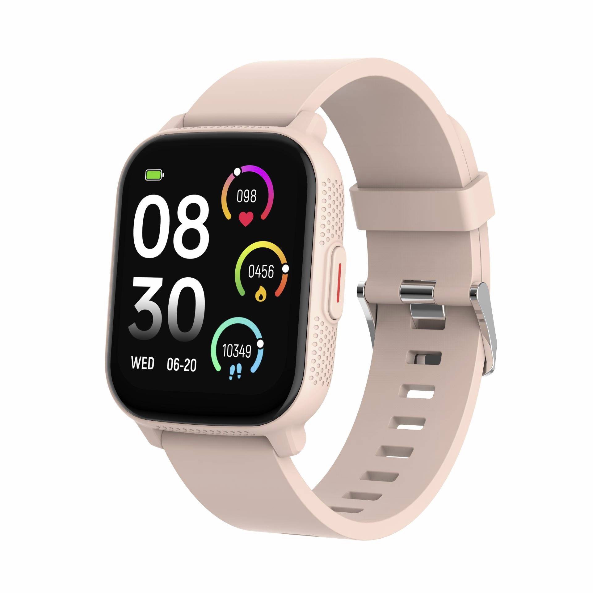 Roze smartwatch met zwart display met weergave van 08:30, datum WOE 06-20 en fitness-/gezondheidspictogrammen.