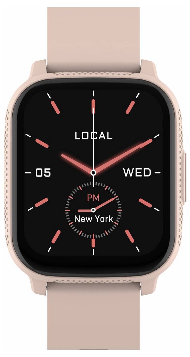 Roze goudkleurig smartwatch met zwart analoog display dat 'LOCAL', 'WED' en 'New York' toont in een dual time display.