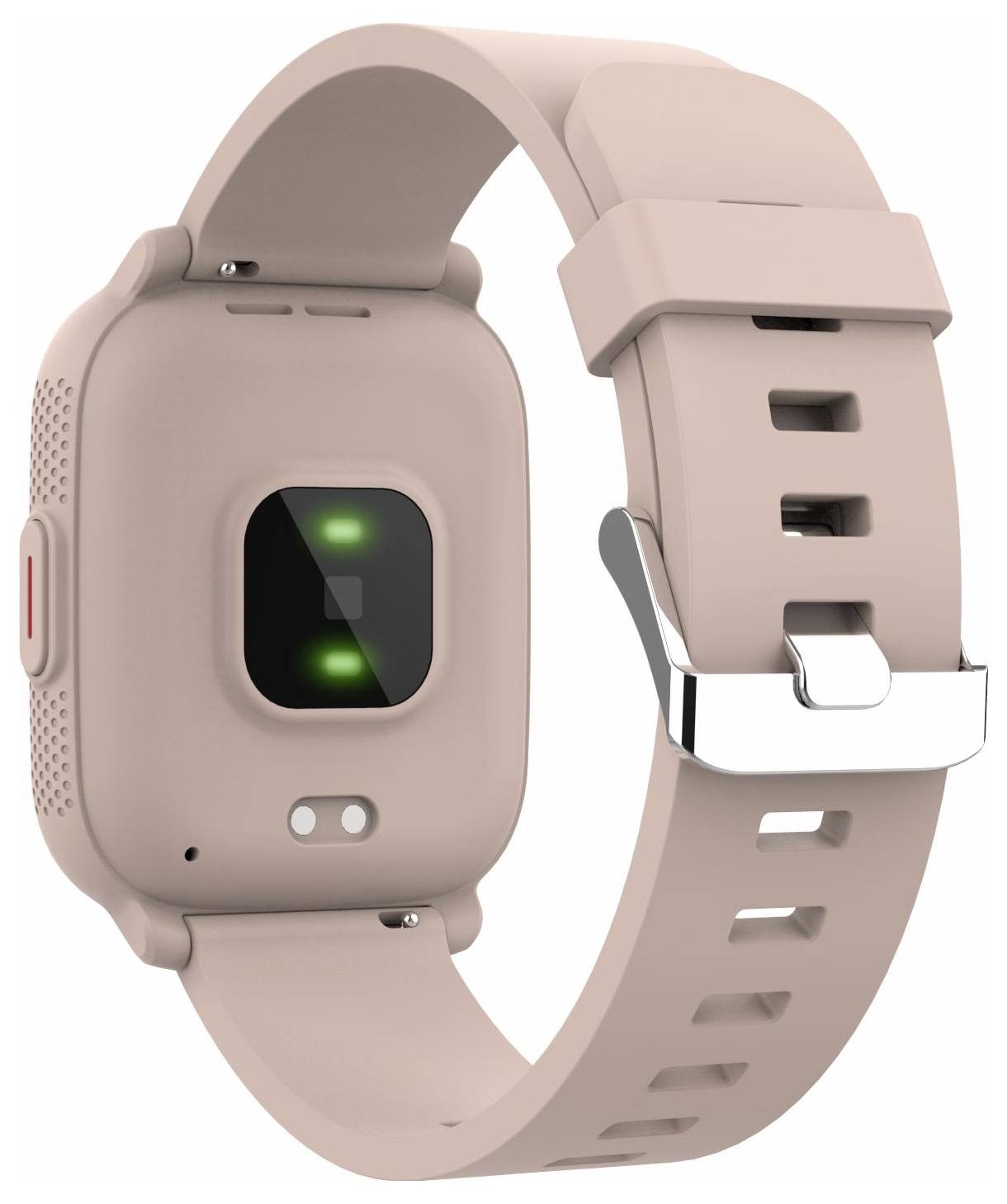 Roze smartwatch met rechthoekig scherm, zwart sensorvenster met groene verlichting en bijpassend siliconen bandje met zilveren gesp, afgebeeld op witte achtergrond.