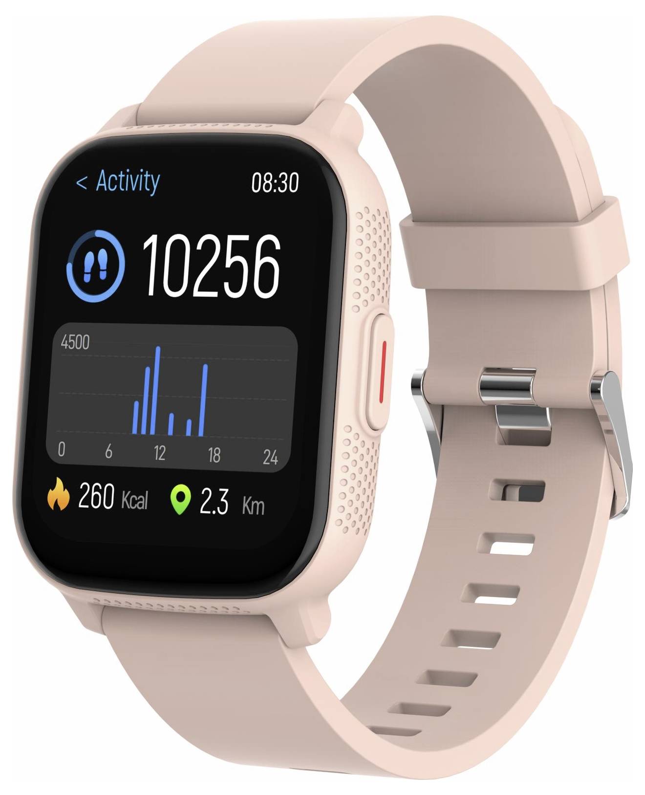 Roze smartwatch met activiteitsstats: 10.256 stappen, 260 kcal, 2,3 km en een klein staafdiagram op het scherm.