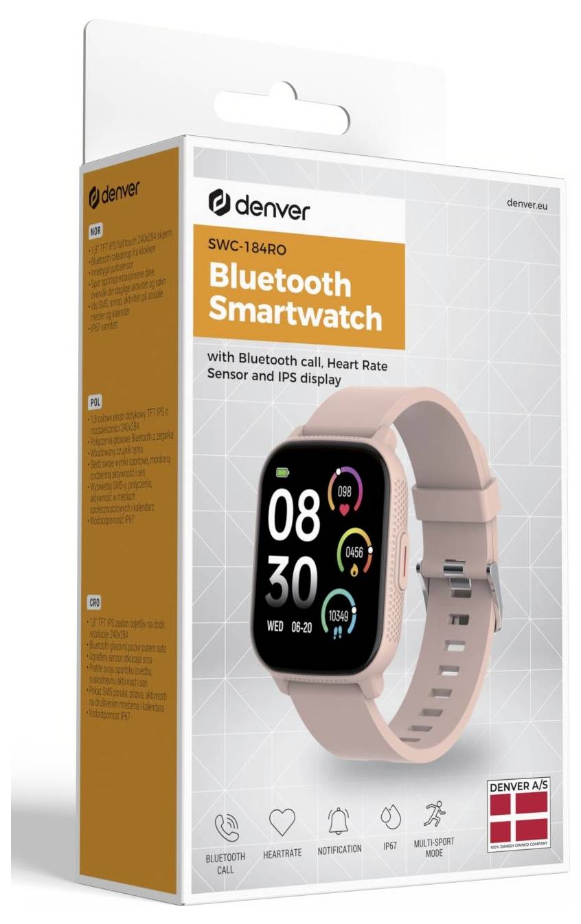 Verpakking voor een Denver SWC-184RO Bluetooth smartwatch in roze, met afbeelding van het horloge en functies: Bluetooth-bellen, hartslagsensor, IPS-display.