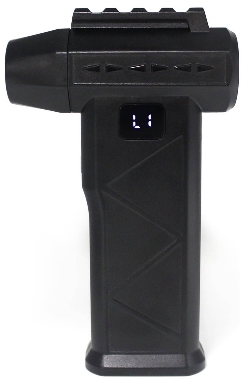 Zwart handheld apparaat met een bovennozzle en klein digitaal display waarop 'Li' staat, afgebeeld op een witte achtergrond.