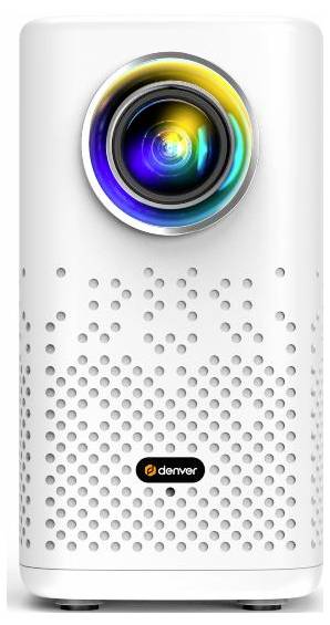 Witte Denver-projector met grote meerkleurige lens en geperforeerde voorste luidsprekergril.