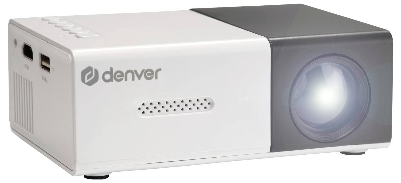 Witte Denver projector met lens aan de rechterkant, getoond vanuit het vooraanzicht-linkerkant op een witte achtergrond.