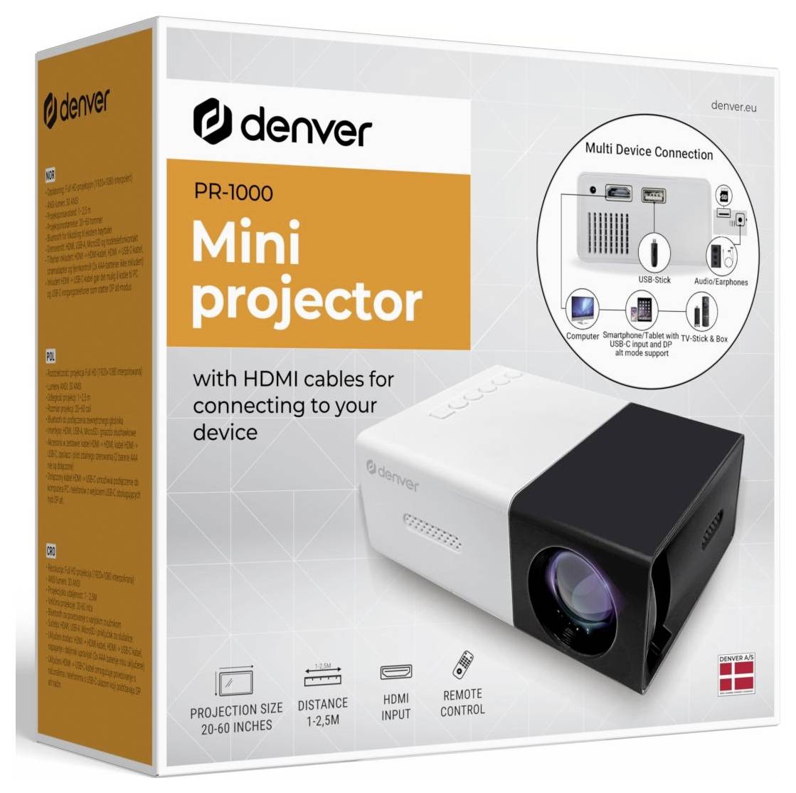 Verpakking voor een Denver PR-1000 mini projector met HDMI-kabels; toont projectorafbeelding, diagram voor verbinding met meerdere apparaten en functies zoals 20-60 inch projectie, 1-2,5 m afstand, HDMI-ingang, afstandsbediening.