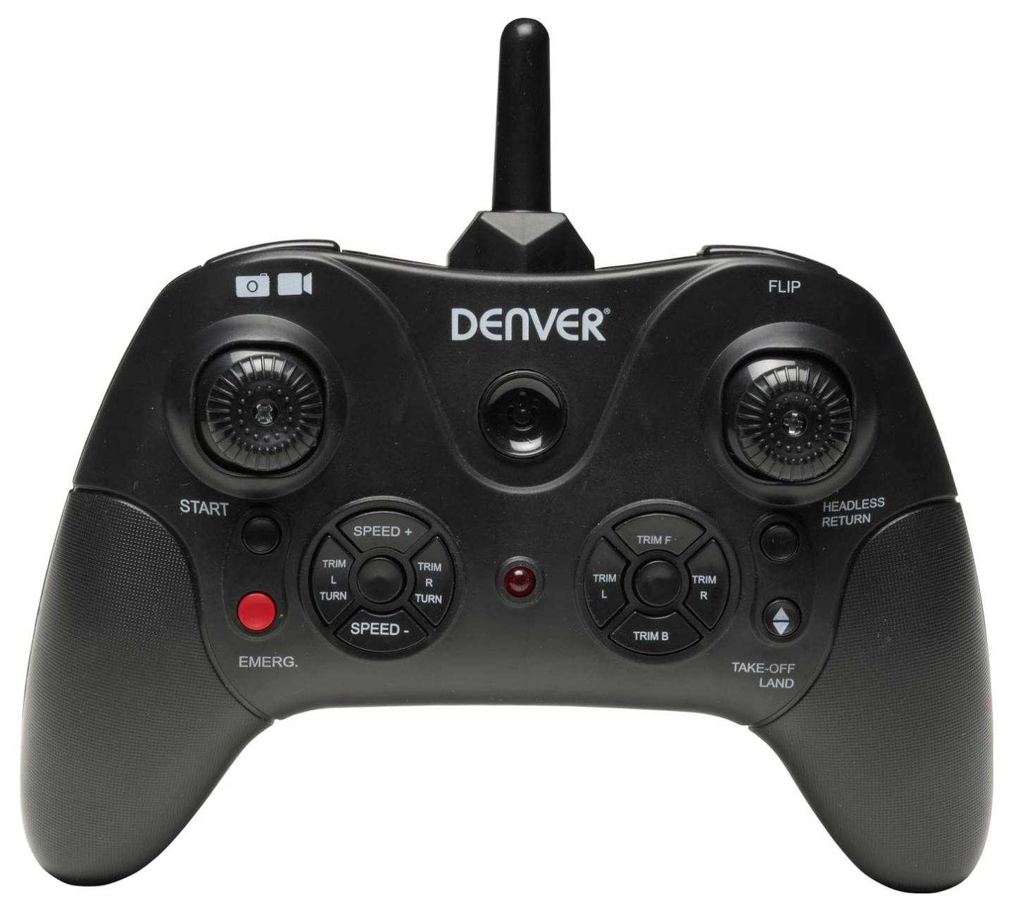 Zwarte Denver drone afstandsbediening met antenne, joysticks en knoppen met labels flip, speed, take-off/land en headless return.