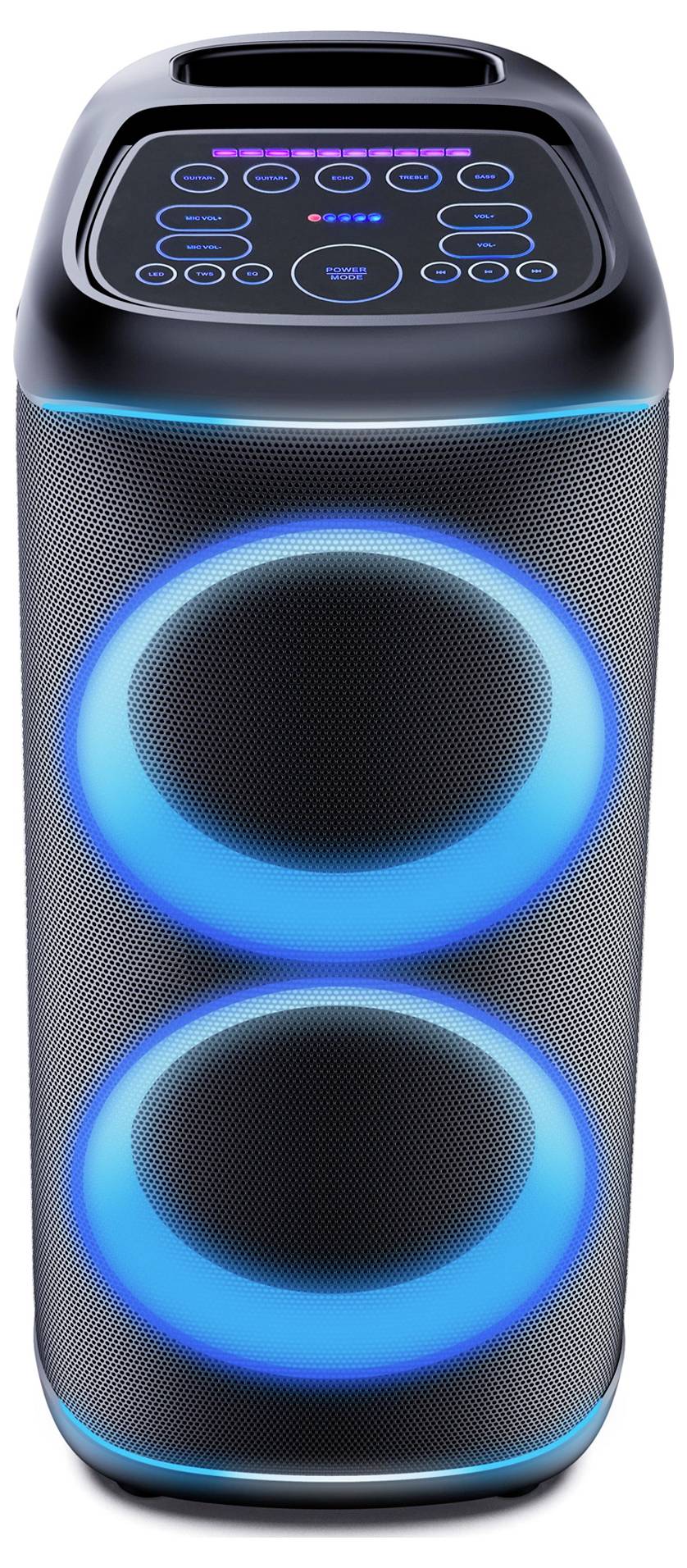 Draagbare zwarte Bluetooth-luidspreker met twee grote gloeiende blauwe LED-ringen aan de voorkant en een aanraakbedieningspaneel bovenop.