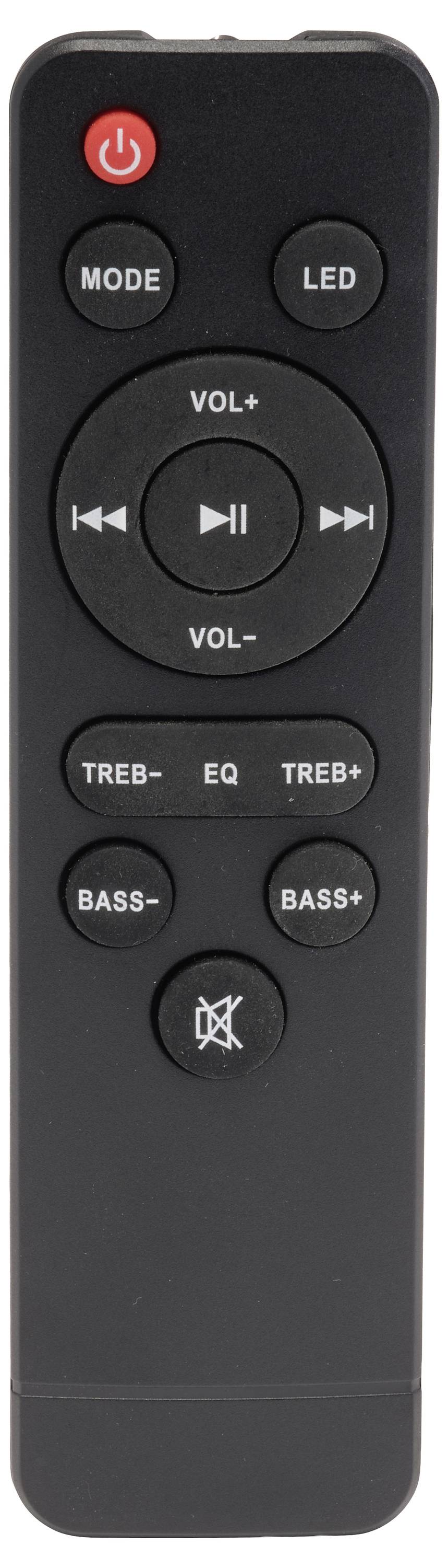 Zwarte afstandsbediening met aan/uit, modus, LED, volume, media afspelen/pauzeren en skipknoppen, plus hoge tonen, bassen mute-regelaars.