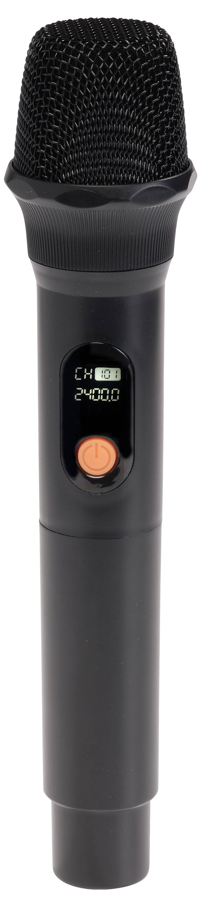 Draadloze handheld microfoon in zwart met display dat kanaal en 240.0 weergeeft, en oranje aan/uit-knop