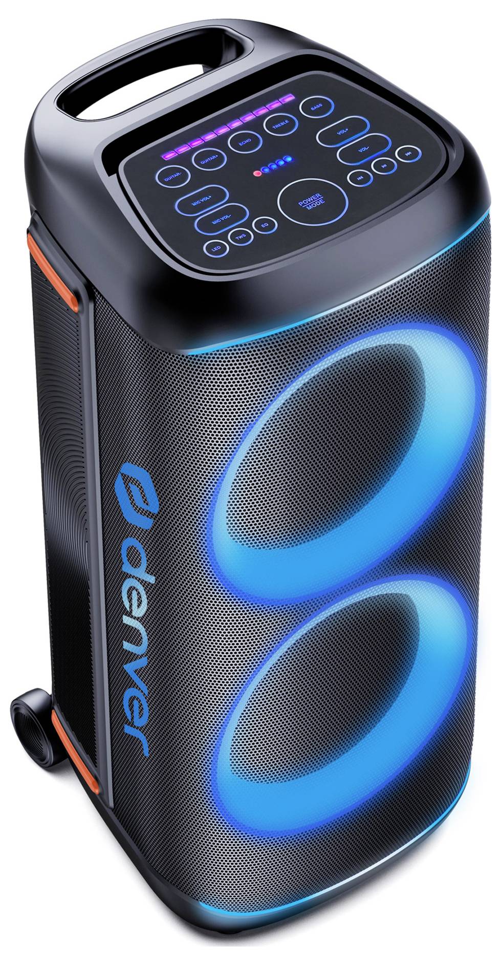 Draagbare zwarte speaker met handvat en gloeiende blauwe ringen op de voorkant, met een bedieningspaneel bovenaan en 'denver' branding.