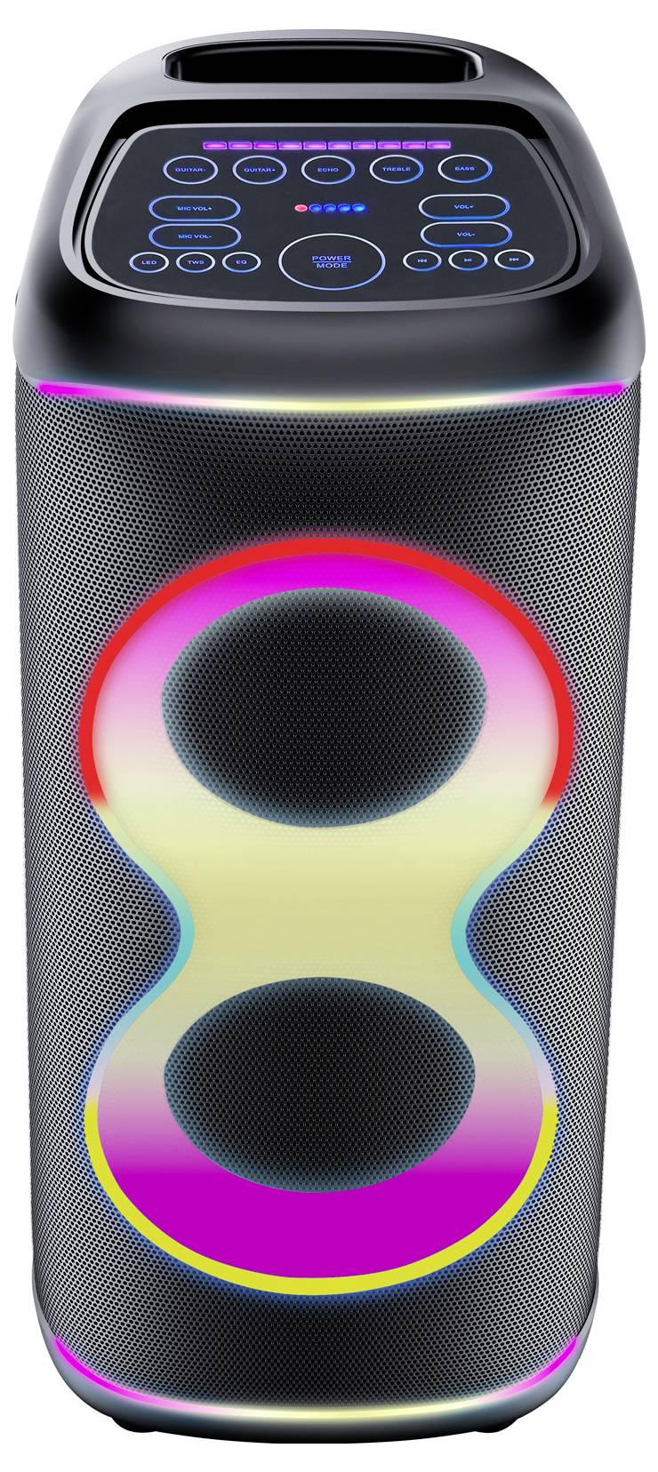 Zwarte draagbare Bluetooth-luidspreker met verlichte aanraakbediening en kleurrijke LED-ringverlichting aan de voor- en onderkant.