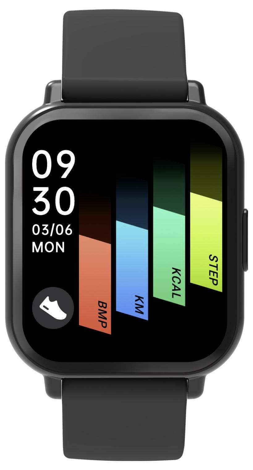 Zwart smartwatch toont het tijdstip 09:30, datum 03/06 MA, en een fitnessdashboard met stappen-, kcal-, km- en bpm-balken.