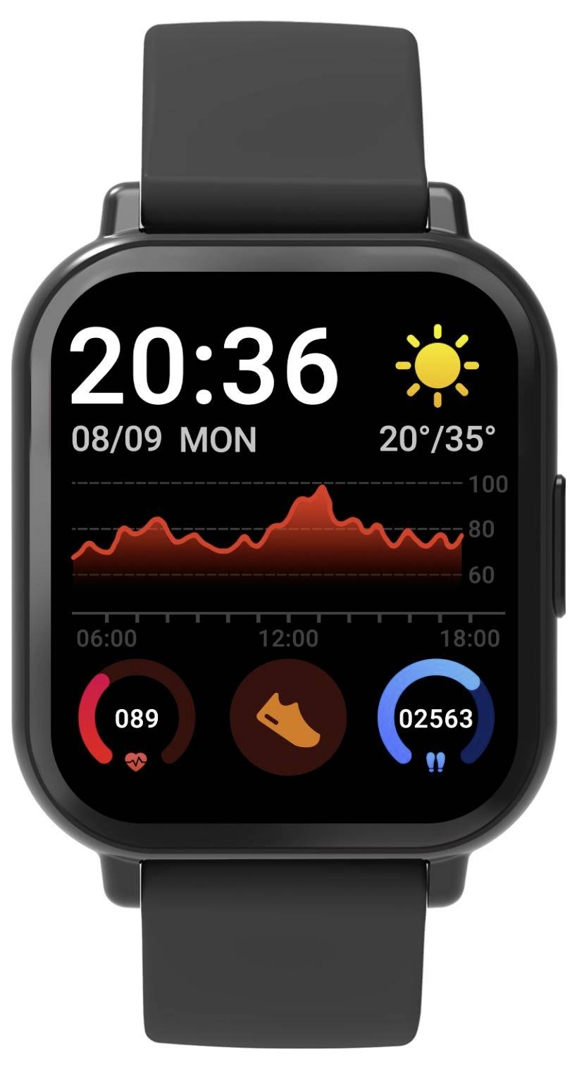 Smartwatch fitnessdashboard met weergave 20:36, datum 08/09 MON, zonnig weer 20°/35°, hartslaggraaf, en activiteitenringen voor stappen, beweging en calorieën.